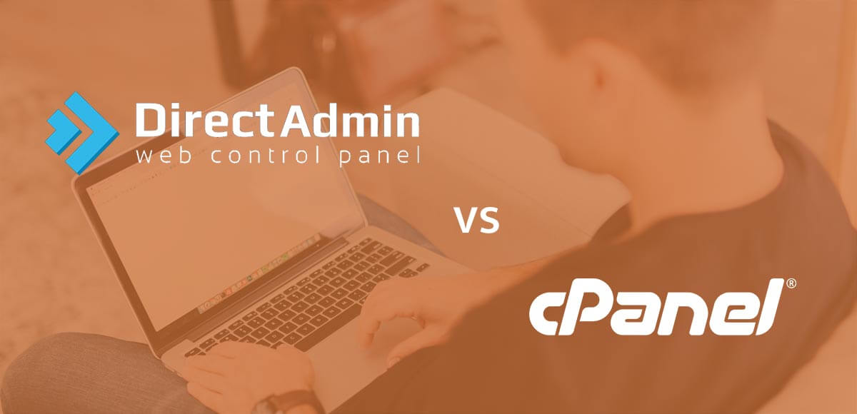 directadmin logo and cpanel logo with person using laptop in background