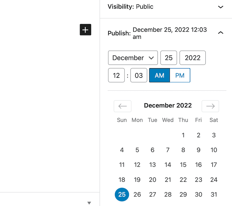 Setting the date and time to schedule a blog post’s publication using the Block Editor.