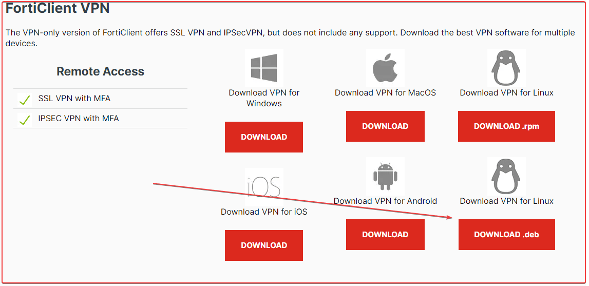 Download the FortiClient VPN Deb package